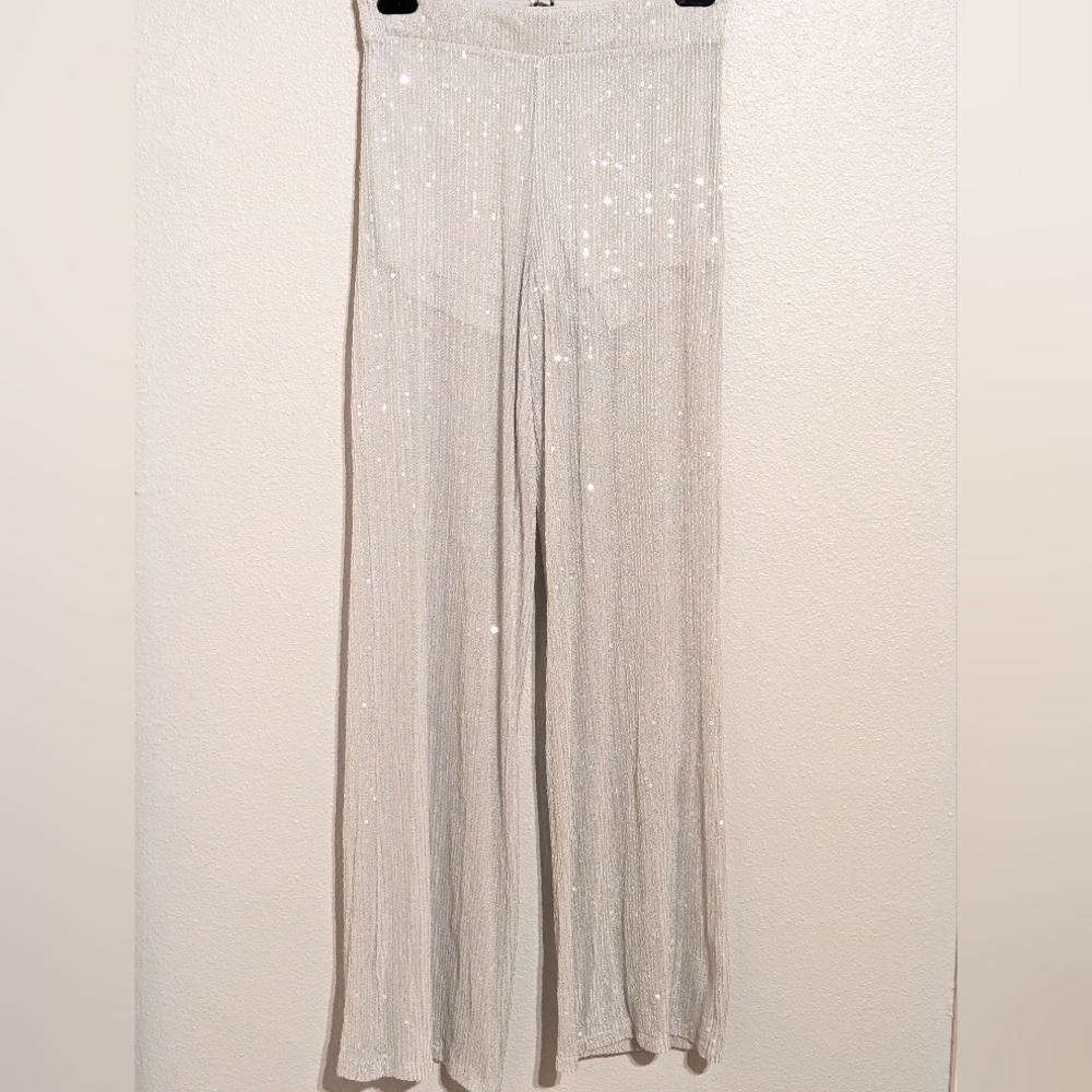 NWT Wild Fable Silver Sequin Wide Leg Flare Pants XS